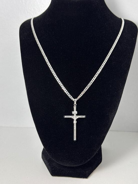 Unbranded Other - 925 Sterling Silver Crucifix Cross Pendant Necklace 24 Inch Curb Chain Italy